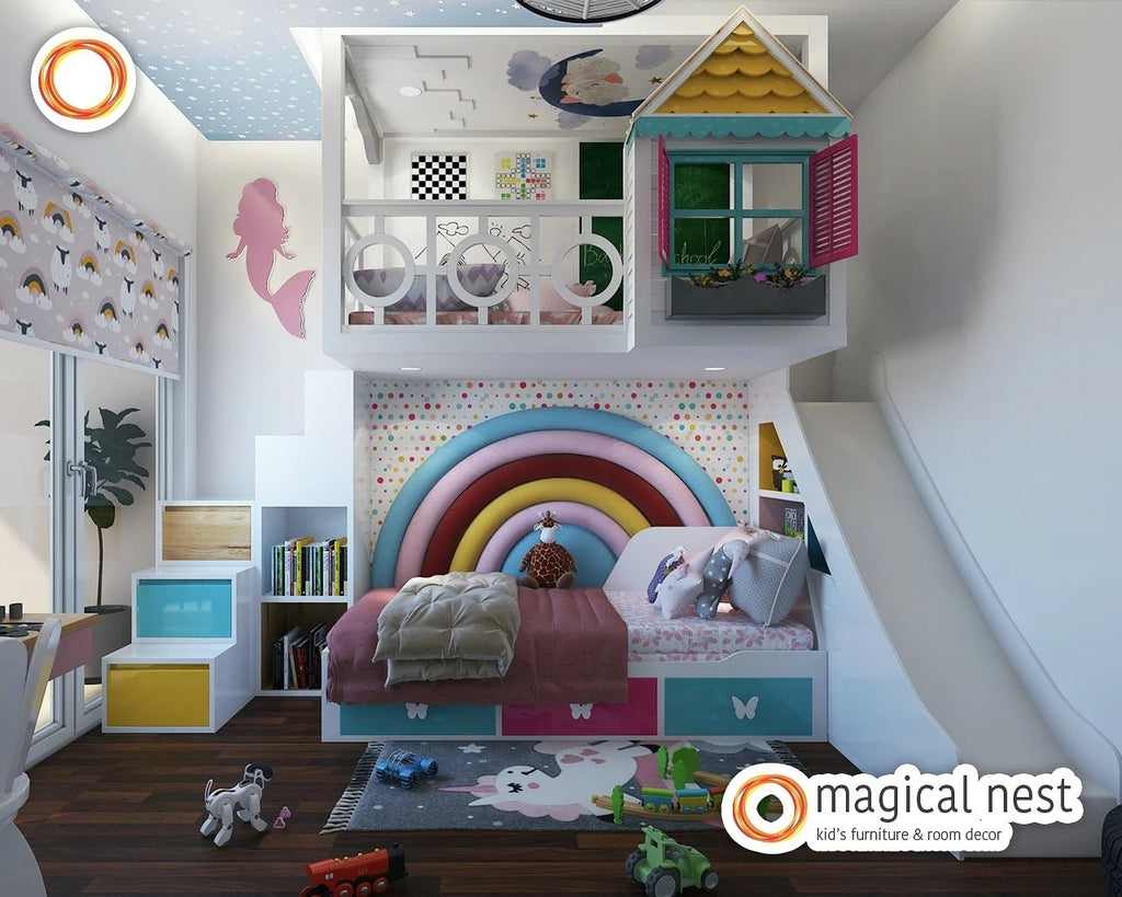 A compact room for the girl splashed with vibrant colored interiors, designed with stairs and slide alongside the bed with a functional loft area for play.