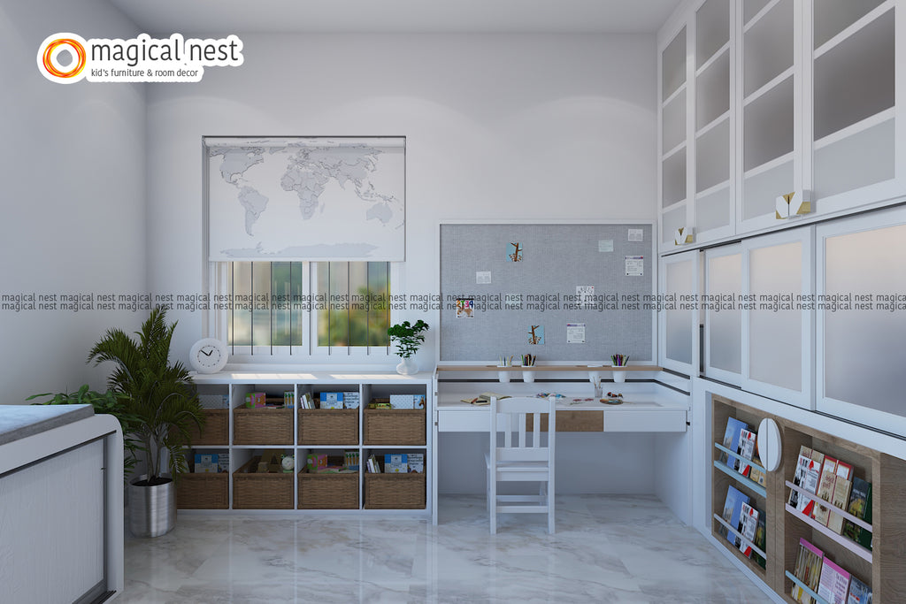 A bright and spacious study room with the study table against the window. It has a book-shelf and ample storage space with a pin-up board.