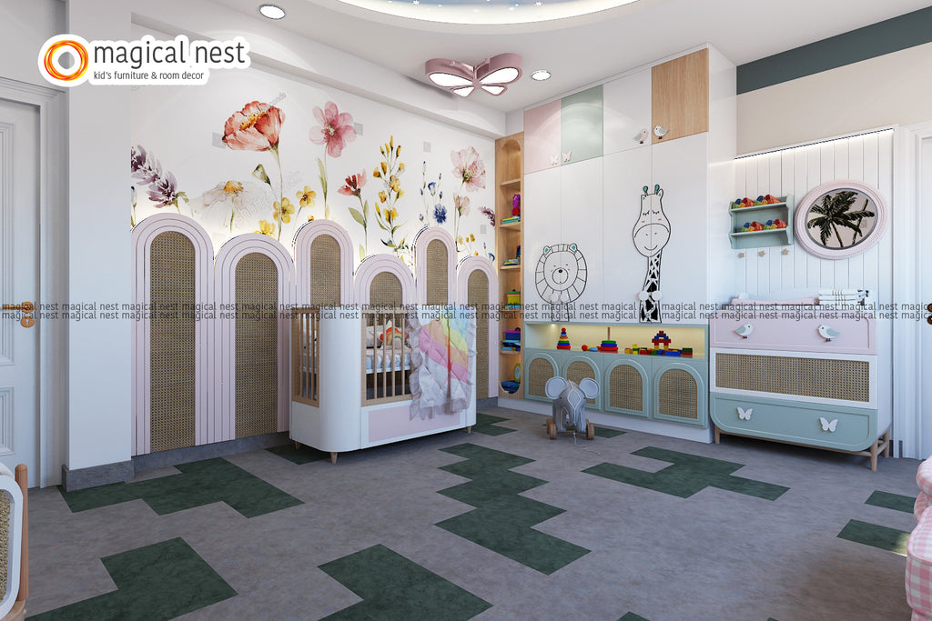 A spacious and elegant nursery room by Magical Nest with floral wallpaper, arched wardrobes, a crib, and playful animal decor.