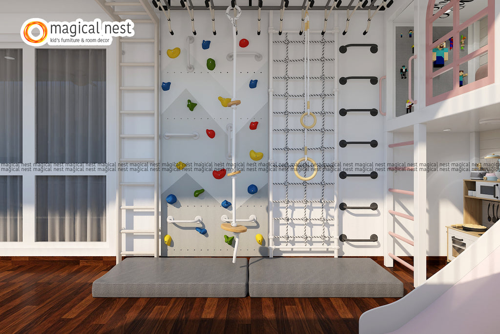 Indoor play area with a colorful climbing wall, gymnastic rings, and rope ladder in a child's room by Magical Nest.