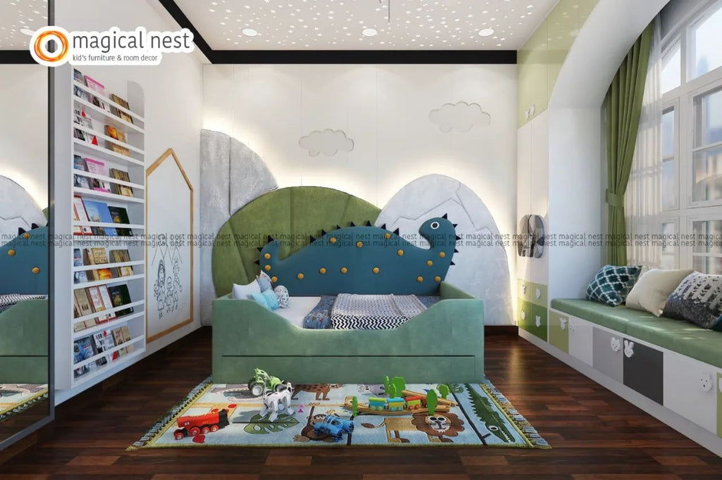 A green dinosaur themed kid's room with trundle bed, dinosaur headboard and side book rack.