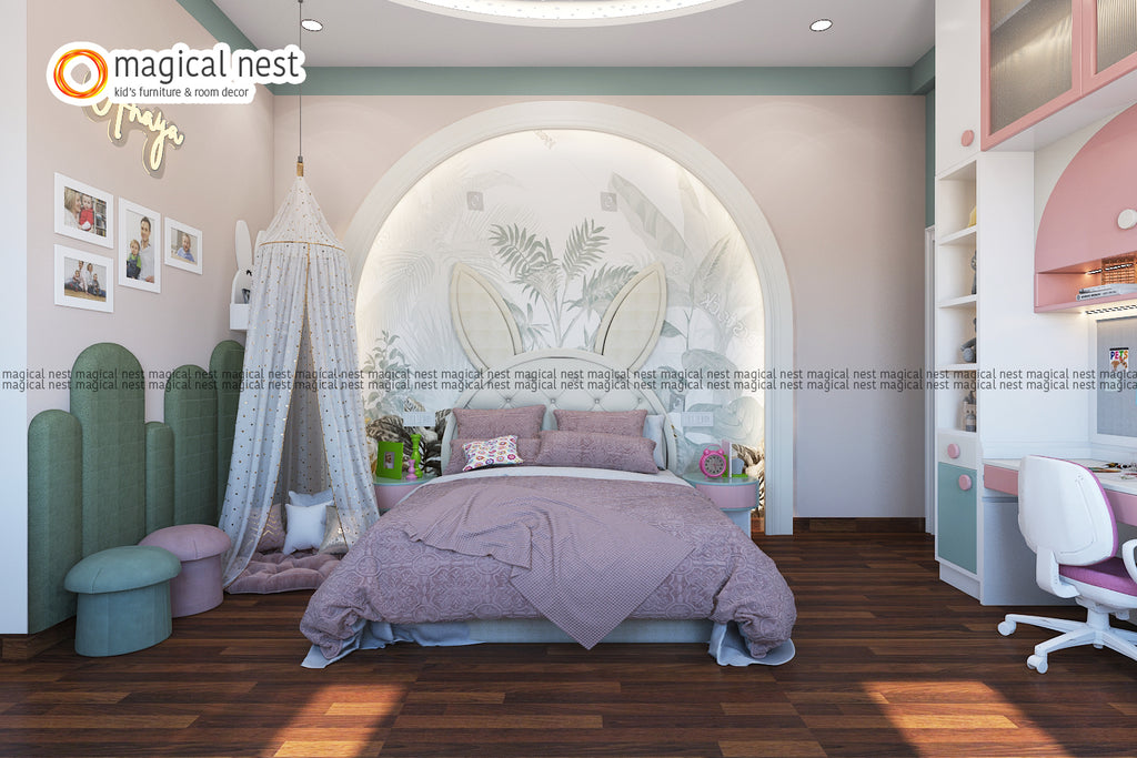 A luxurious child's room by Magical Nest with a bed, canopy, cozy seating, tropical mural, and modern study area.