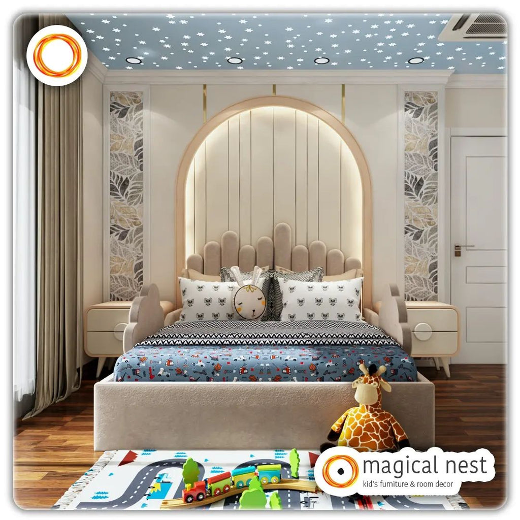 Kid’s room in India with white theme, a blend of cream and brown giving the room a poised look.