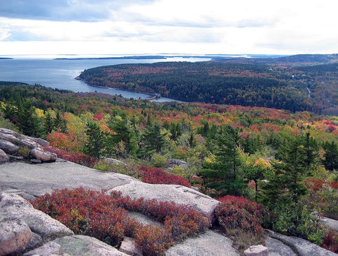 View from the top of the mountain of Acadia national park looking at the ocean in maine