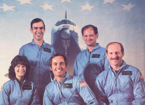 Sally ride and colleagues posing for NASA picture before take off