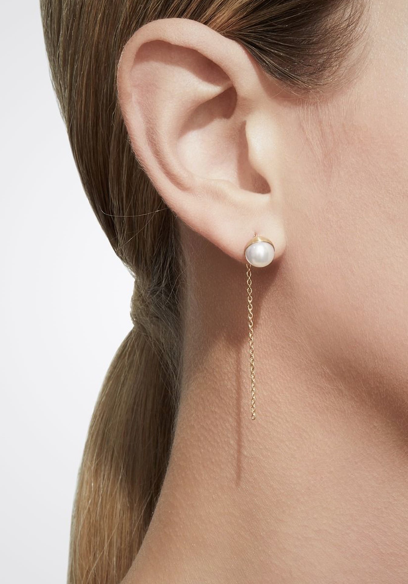 SHIHARA Half Pearl Chain 18K Yellow Gold Earring – The