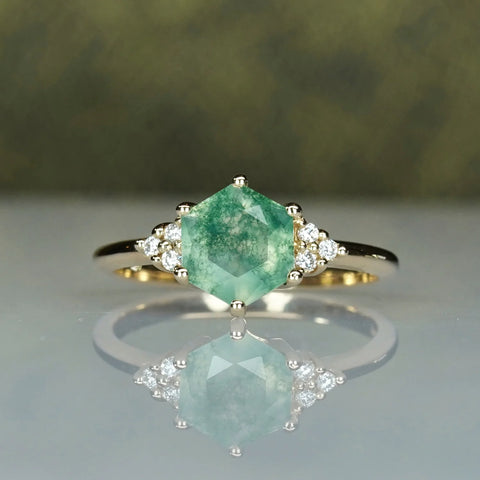 Hexagon Moss Agate And Diamond Engagement Ring