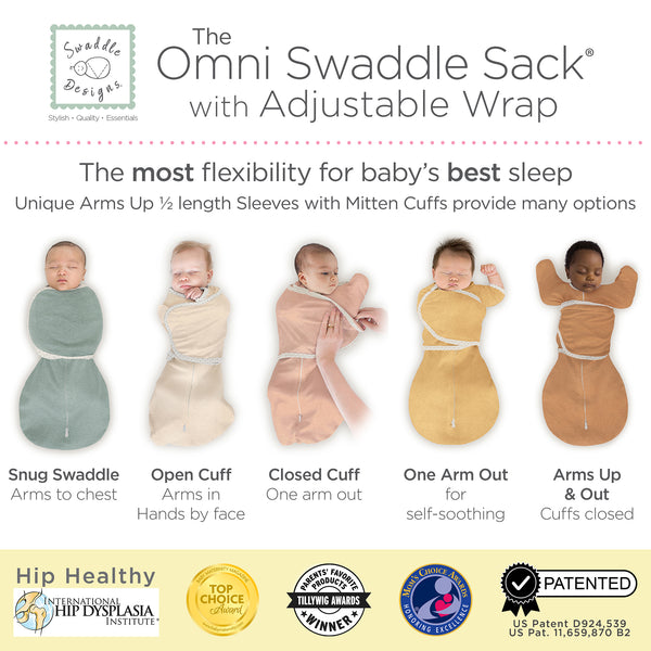 The most flexibility for baby's best sleep. Unique arms up 1/2 length sleeves with mitten cuffs provide many options.