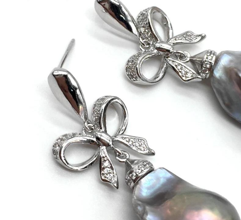 Bowknot Style Baroque Flame Ball Freshwater Pearls Dangle Earrings With Gray Color And 925 Silver