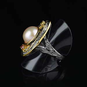 Sterling Silver Ring With Big Baroque Pearl Custom Designed With Italian Jewelry-making Crafts