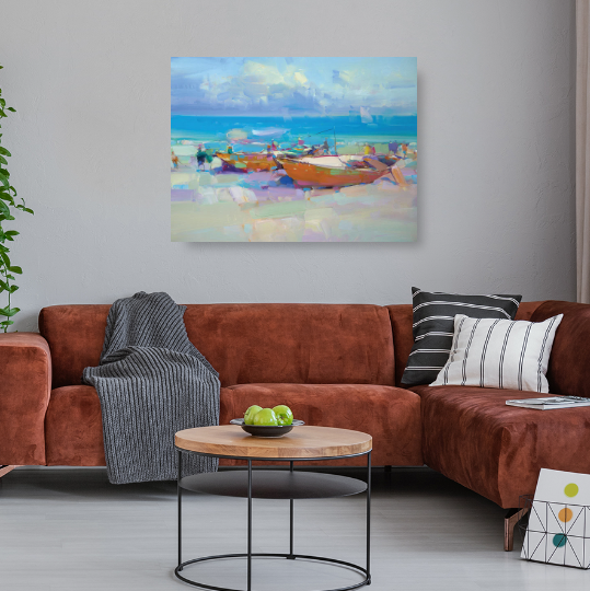 A living room with Boats on The Shore Canvas by Vahe Yeremyan from Fine Art Canvas.