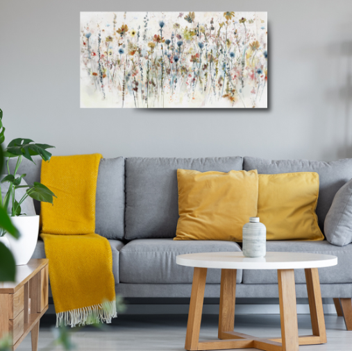 Fine Art Canvas' Watercolor Wildflowers by Studio Arts hanging on a living room wall.