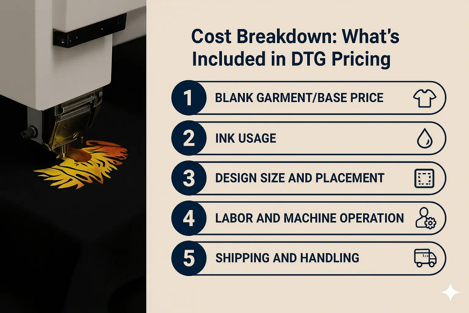 DTG printing cost breakdown including shirt price, ink usage, design size, labor, and shipping