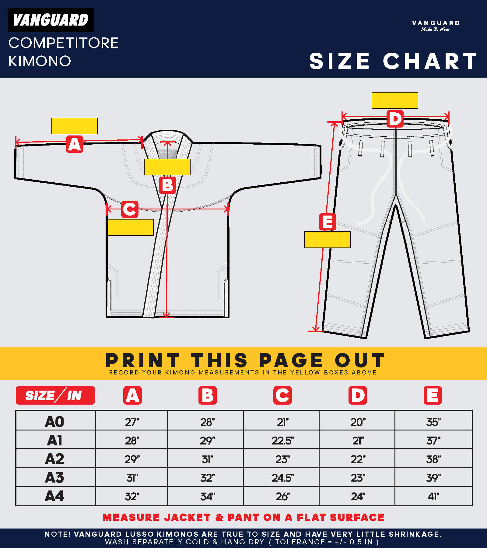 Competitore Kimono Size Chart