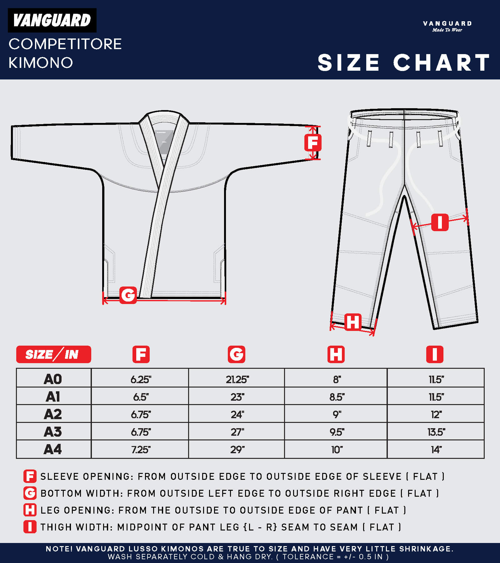 Competitore Kimono Size Chart