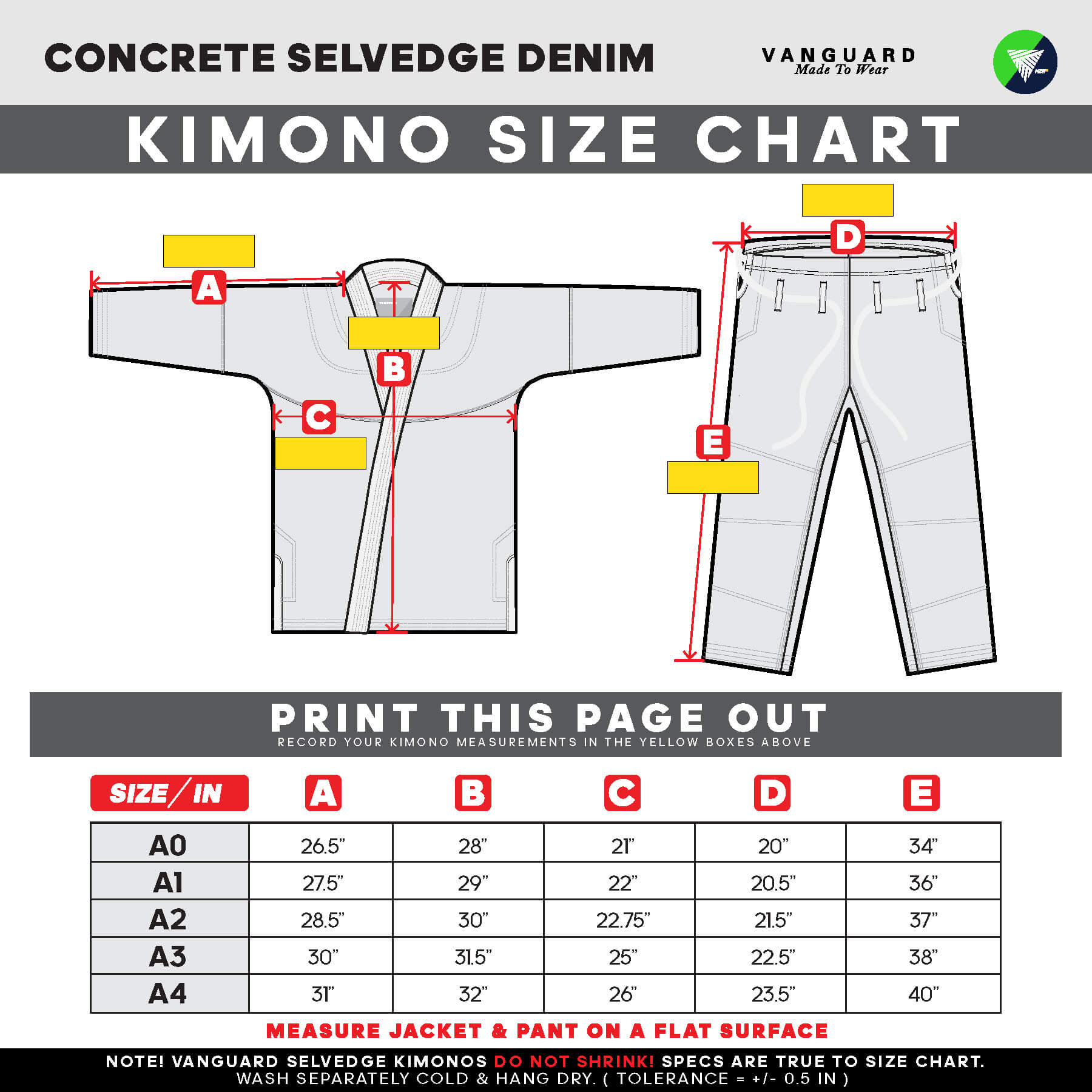 Concrete Selvedge Denim Size Chart