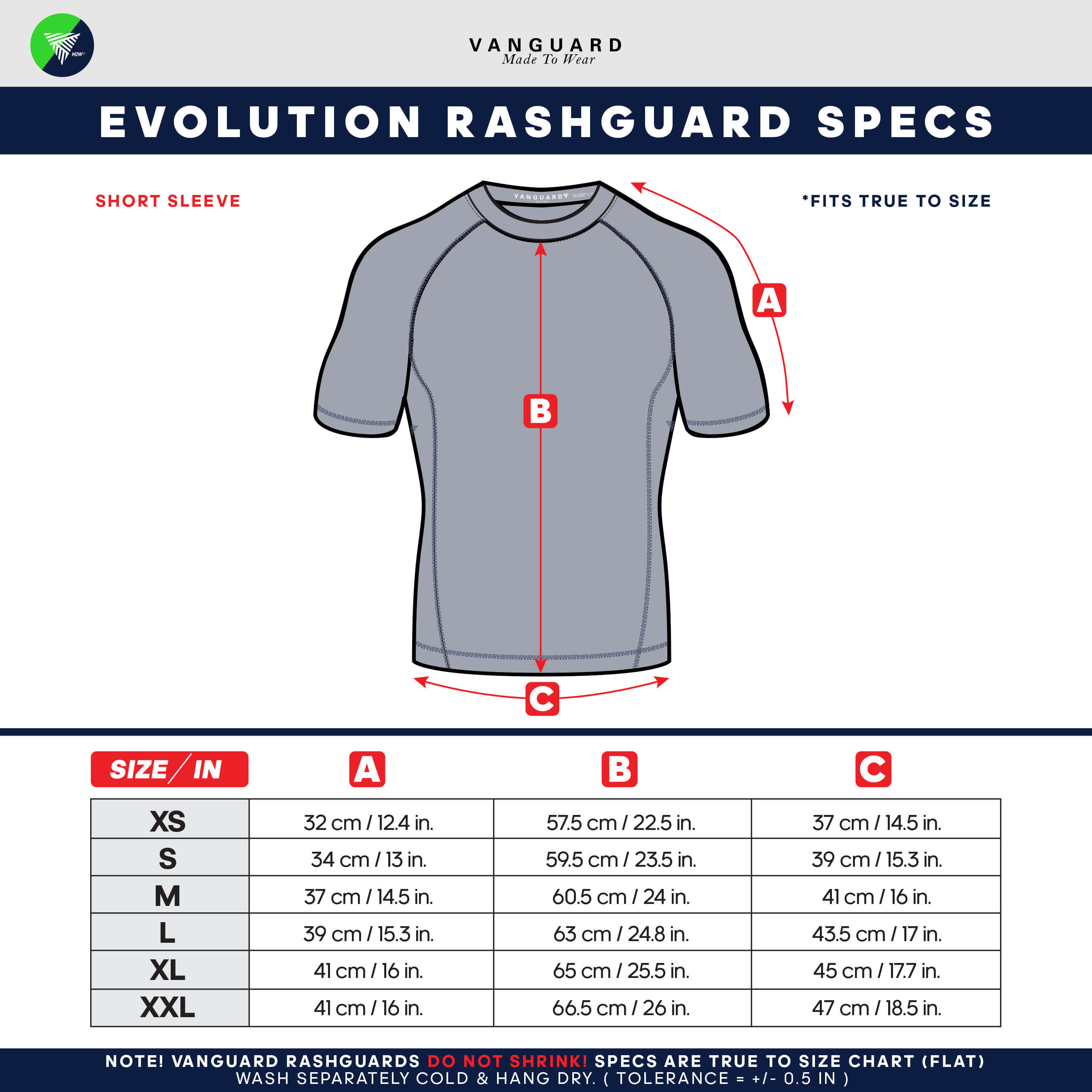 Evolution Short Sleeve Rashguard Size Chart