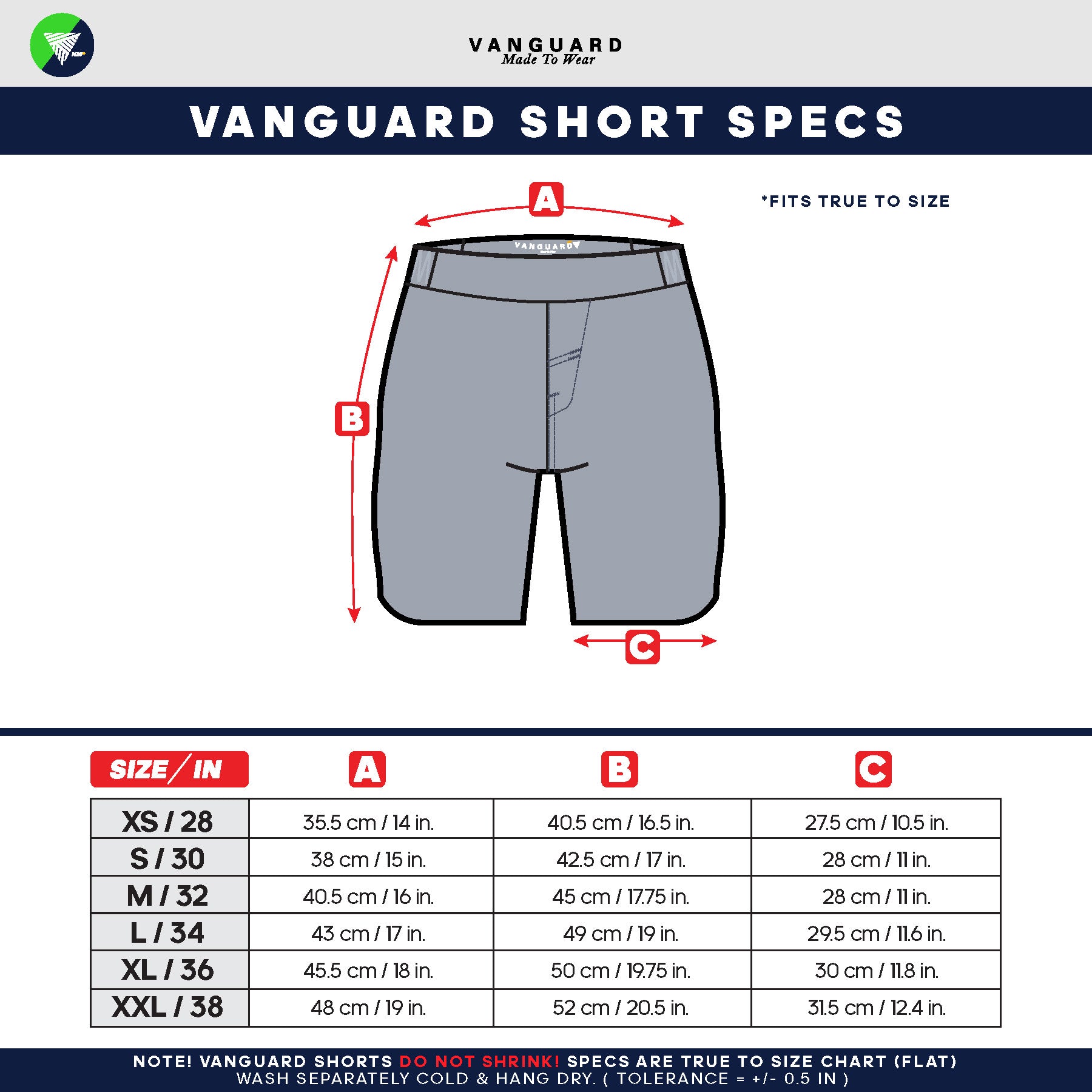 VG Shorts Size Chart