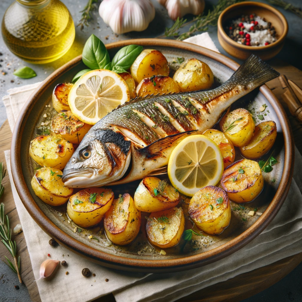 Mediterranean Grilled Sea Bass with Lemon Garlic Roasted Potatoes