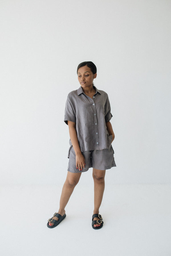 Charcoal Short Sleeve Linen Shirt