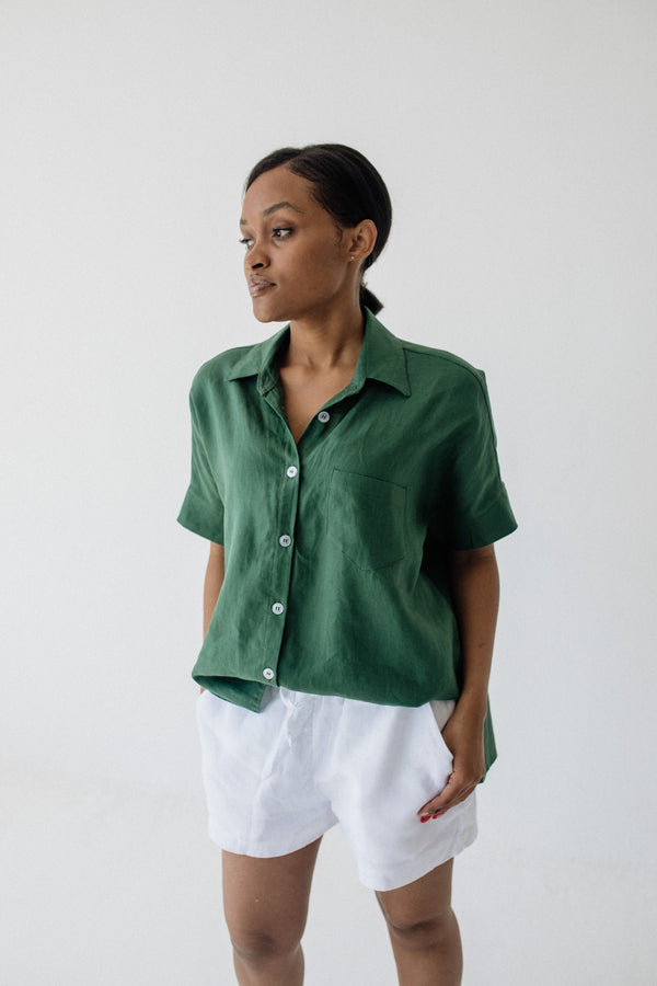 Forest Green Short Sleeve Linen Shirt