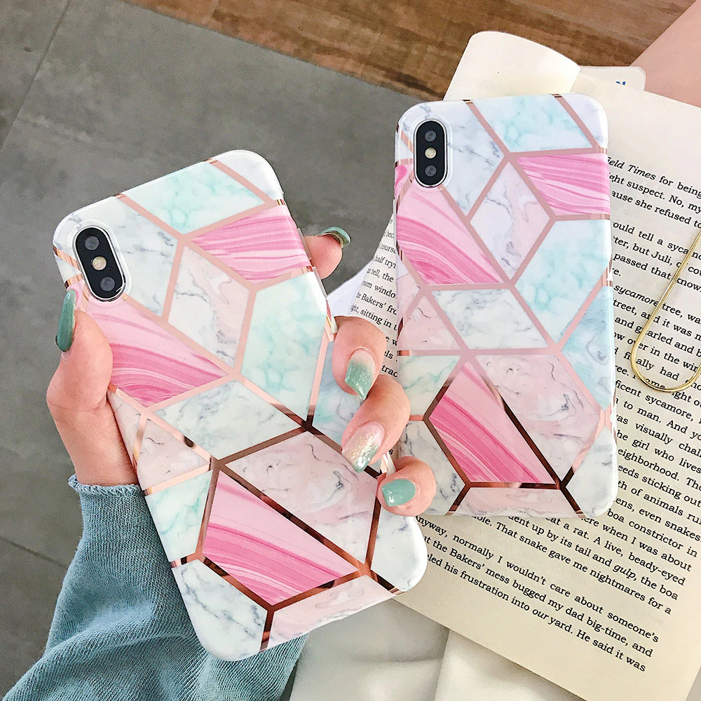Colorful Geometric Marble Case For iPhone 11 Pro Max XR XS Max 6 6S 7 8 Plus X Soft Protective Fitted Back Cover Cute Case For iPhone