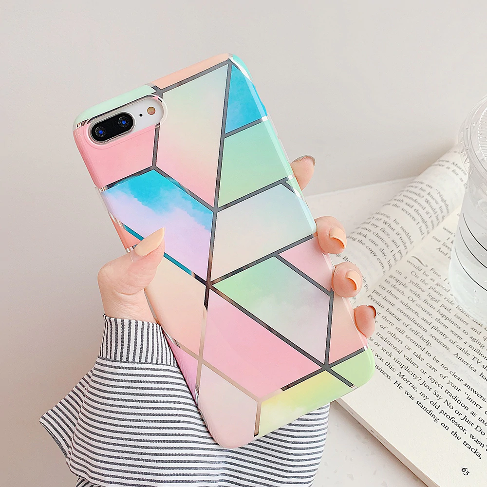 Colorful Geometric Marble Case For iPhone 11 Pro Max XR XS Max 6 6S 7 8 Plus X Soft Protective Fitted Back Cover Cute Case For iPhone