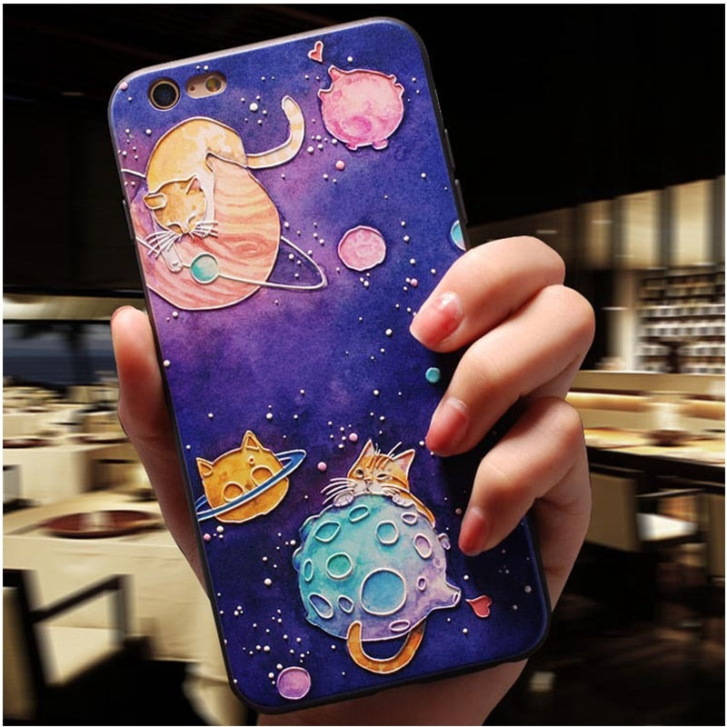 Cute Embossed Phone Cases For iPhone Cute Cat In Space Flower Case For iPhone XS Max X XR 5 S 7 8 6 S Plus Anti-Knock 360 Degree Protection