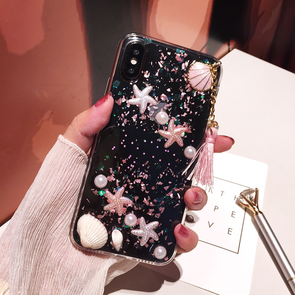 Cute Pearls & Shells Clear Case For iPhone X XS Max XR Case 3D Beach Themes Conch Shell Tassels Soft Silicon Clear Case For iPhone 6 6S 7 8 Plus