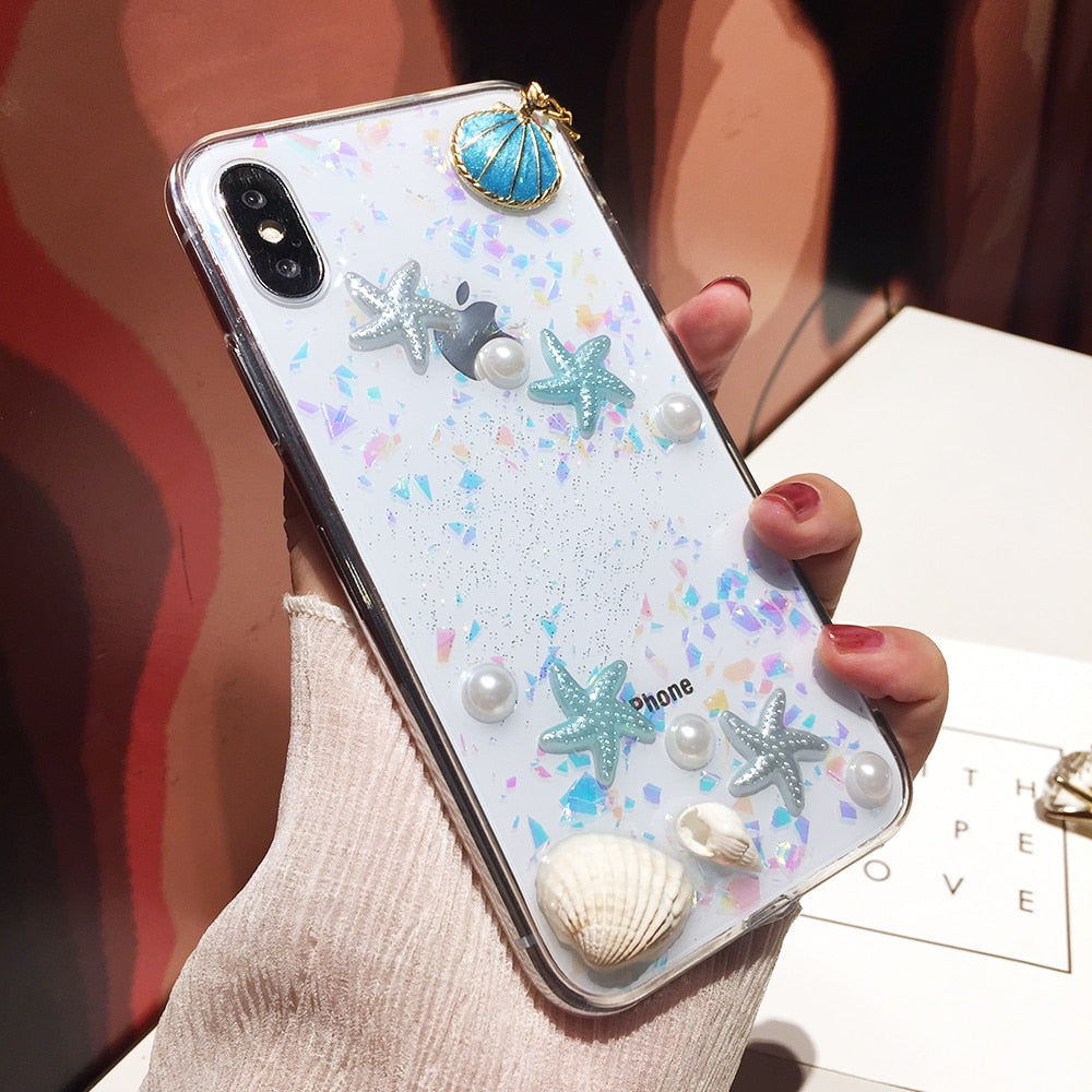 Cute Pearls & Shells Clear Case For iPhone X XS Max XR Case 3D Beach Themes Conch Shell Tassels Soft Silicon Clear Case For iPhone 6 6S 7 8 Plus