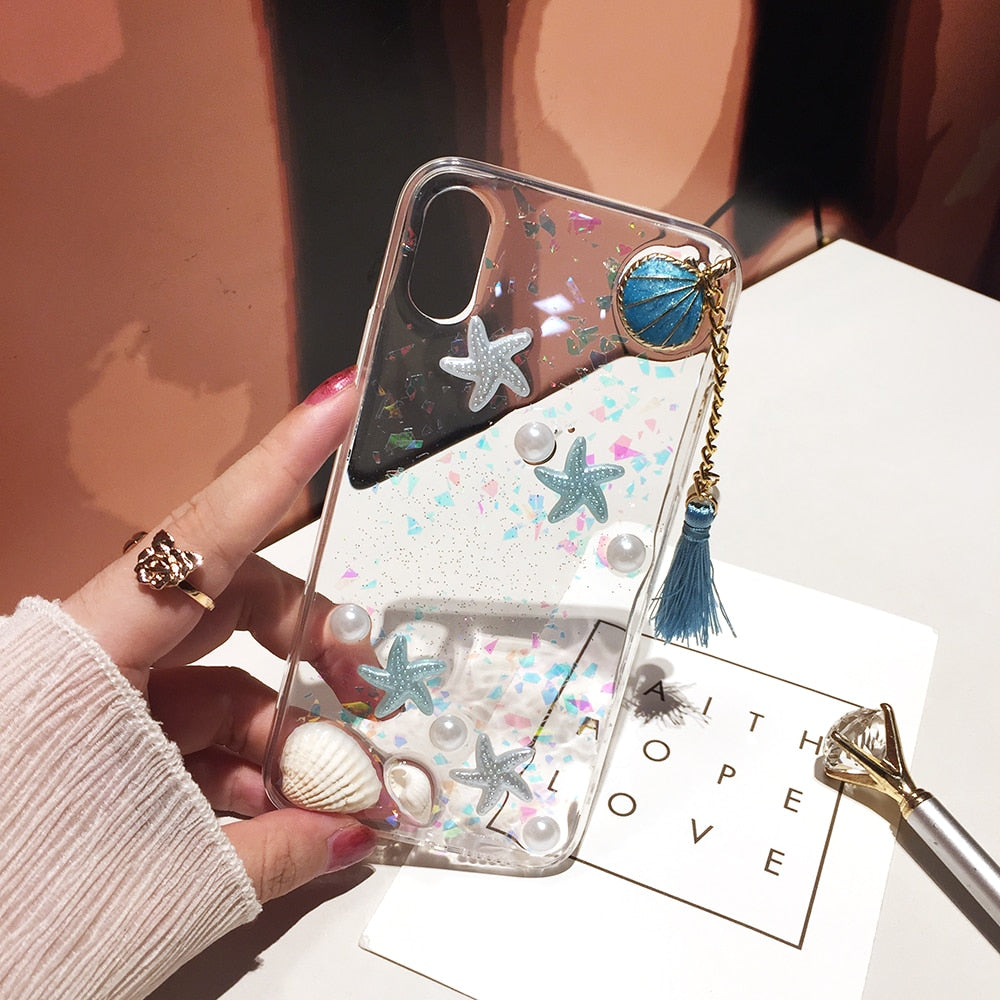 Cute Pearls & Shells Clear Case For iPhone X XS Max XR Case 3D Beach Themes Conch Shell Tassels Soft Silicon Clear Case For iPhone 6 6S 7 8 Plus