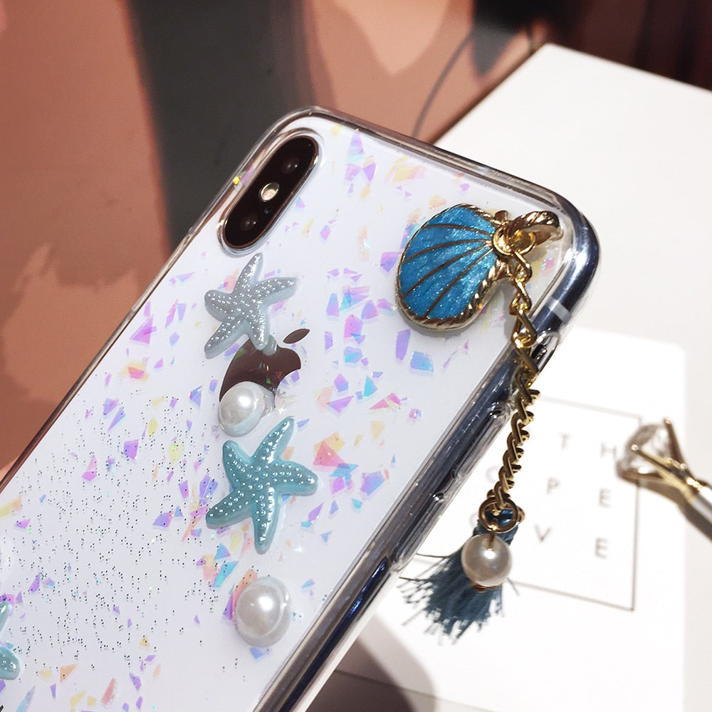 Cute Pearls & Shells Clear Case For iPhone X XS Max XR Case 3D Beach Themes Conch Shell Tassels Soft Silicon Clear Case For iPhone 6 6S 7 8 Plus