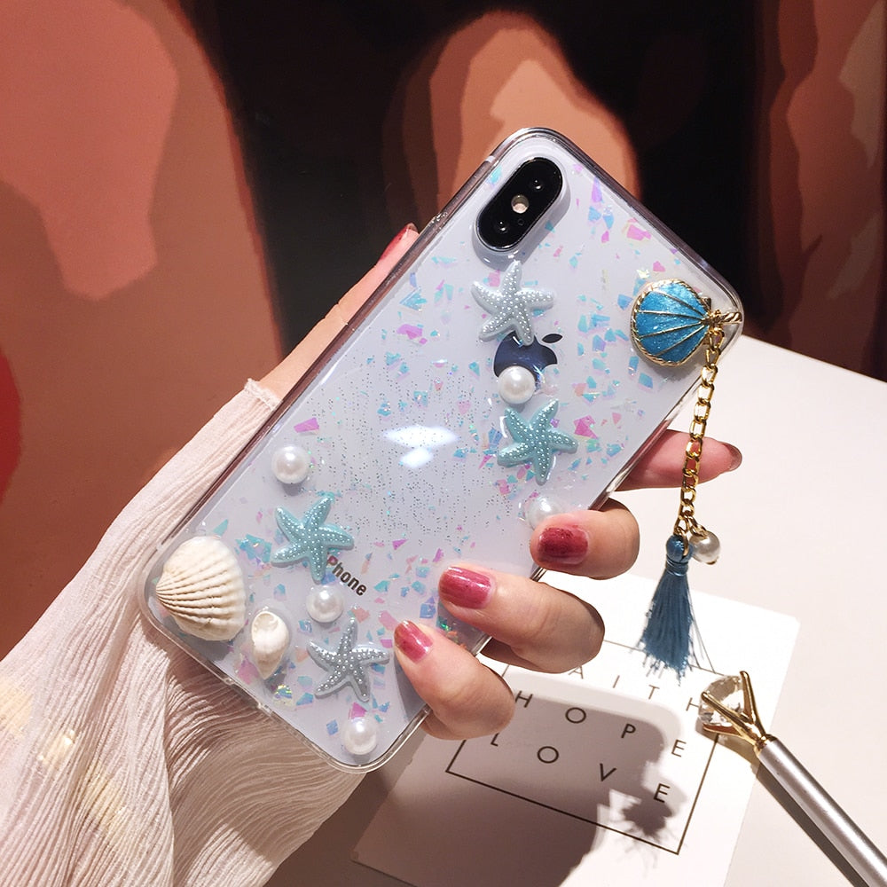 Cute Pearls & Shells Clear Case For iPhone X XS Max XR Case 3D Beach Themes Conch Shell Tassels Soft Silicon Clear Case For iPhone 6 6S 7 8 Plus