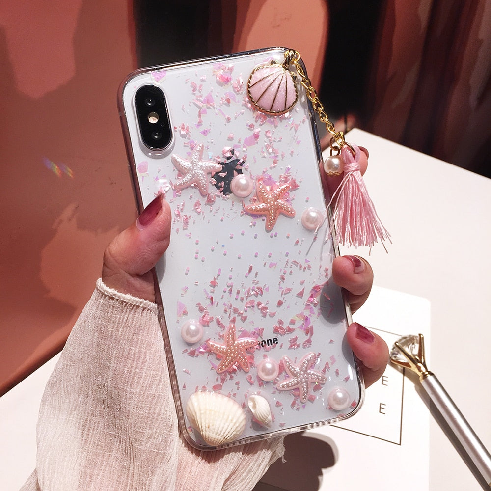 Cute Pearls & Shells Clear Case For iPhone X XS Max XR Case 3D Beach Themes Conch Shell Tassels Soft Silicon Clear Case For iPhone 6 6S 7 8 Plus