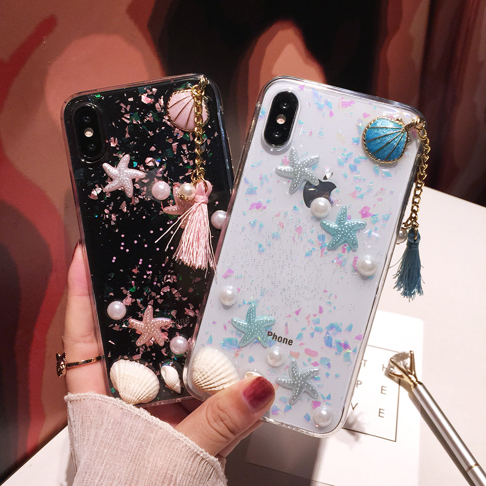 Cute Pearls & Shells Clear Case For iPhone X XS Max XR Case 3D Beach Themes Conch Shell Tassels Soft Silicon Clear Case For iPhone 6 6S 7 8 Plus