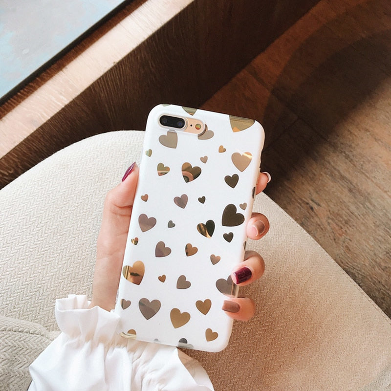 Cute White And Gold Mirrored Love Hearts Phone Case For iPhone X XR XS MAX Case For iPhone 6 6s 7 8 plus Back Cover Luxury Phone Cases