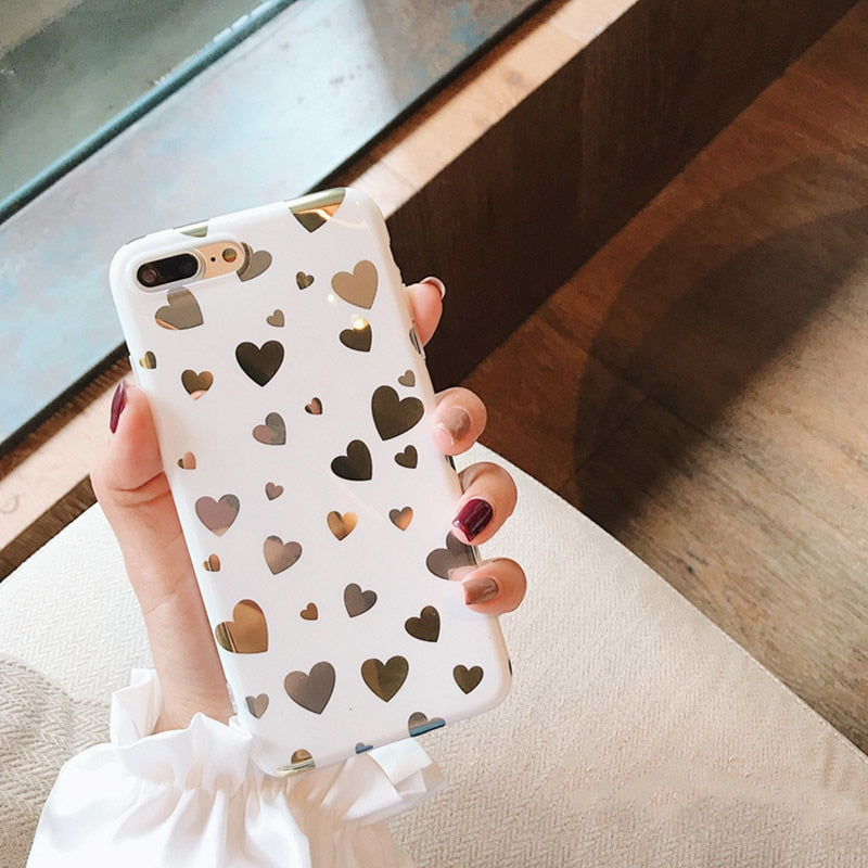 Cute White And Gold Mirrored Love Hearts Phone Case For iPhone X XR XS MAX Case For iPhone 6 6s 7 8 plus Back Cover Luxury Phone Cases