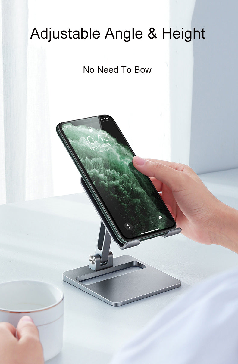 Foldable Portable Dual Adjustment Aluminum Stand For iPad Tablet Desktop Mount For iPhone Smartphone Table Stand High Quality Alloy Metal With Non-Slip Silicon