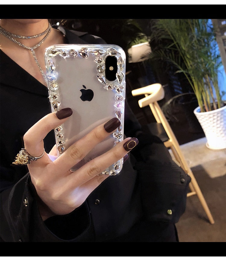 Glamorous Fashion Crystal Bling Case For iPhone X XR XS Max 6 6S Plus 7 Plus 8 Plus Glossy Transparent Sparkling Jewelled Edge Case for iPhone