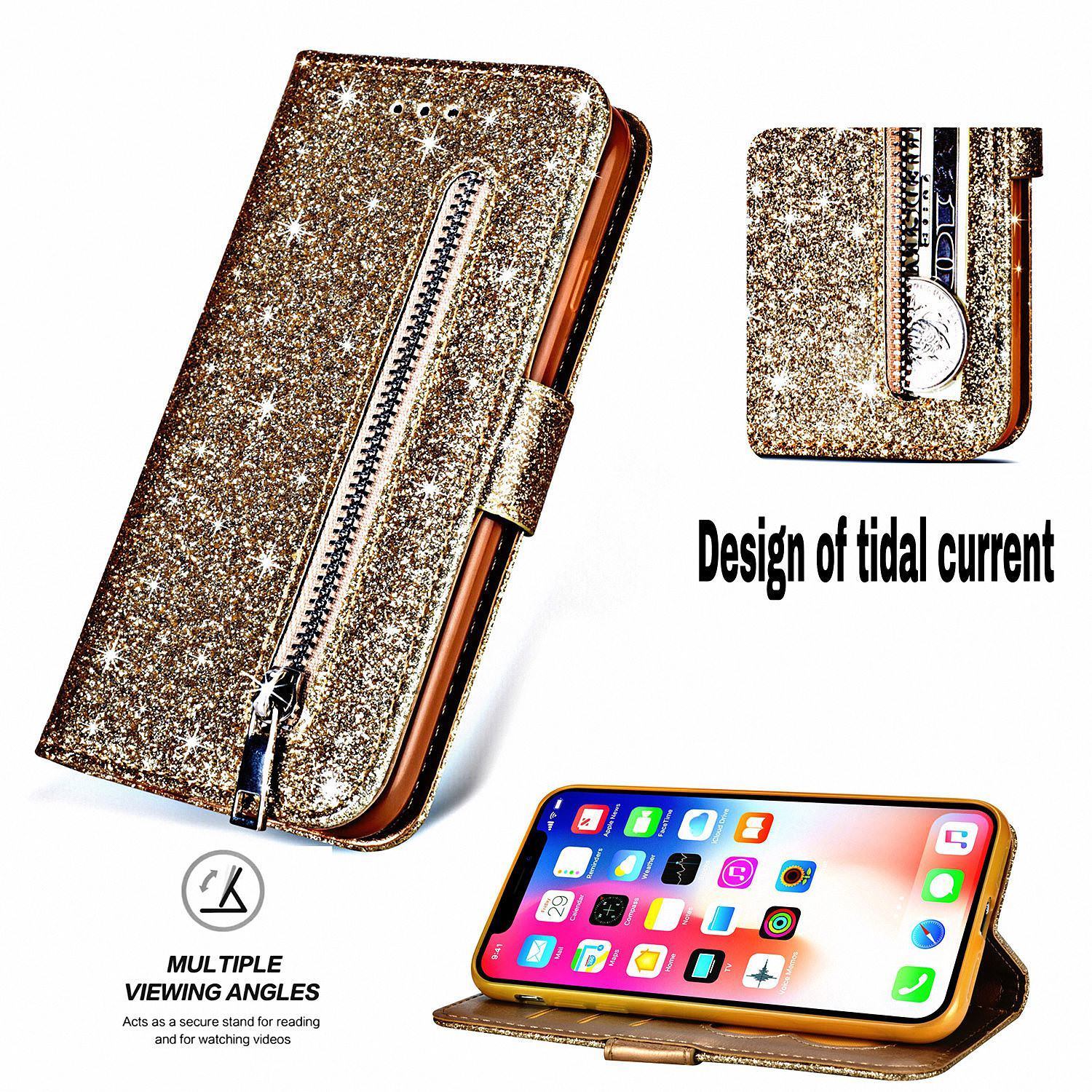 Glitter Bling Purse Wallet Card Holder Case For iPhone 6 6s Plus 7 8 Soft PU Leather Phone Cover For iPhone 11 Pro Max XR XS Case With Zip Pocket & Strap