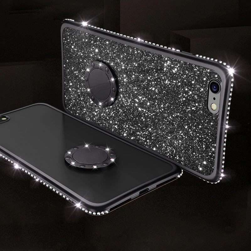 Glitter Diamond Rhinestone Kickstand Case For iPhone XS Max Xr 8 7 6S 6 Plus Cover with Magnetic Finger Ring