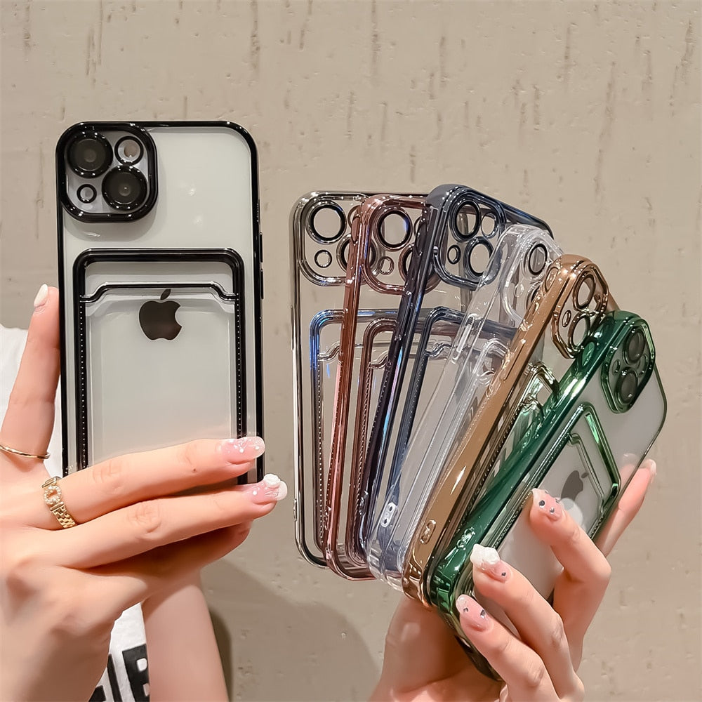 Glossy Edge Plating Transparent Card Holder Case For iPhone 11 Pro Max 12 13 Soft Back Cover