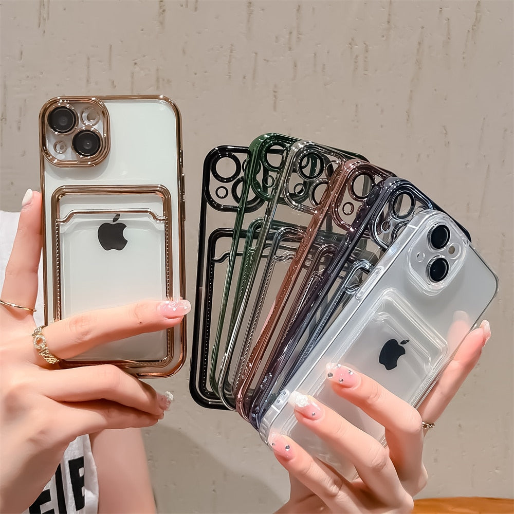 Glossy Edge Plating Transparent Card Holder Case For iPhone 11 Pro Max 12 13 Soft Back Cover