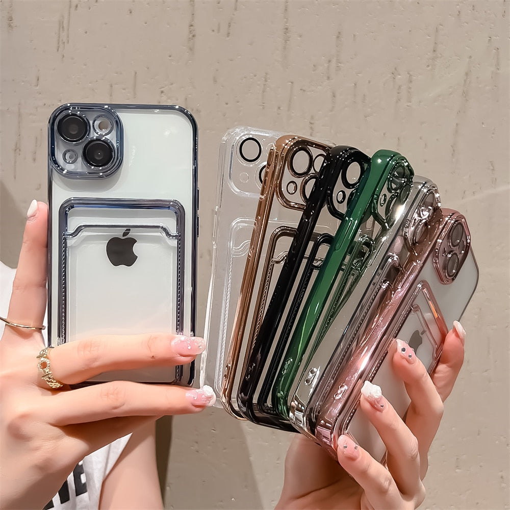 Glossy Edge Plating Transparent Card Holder Case For iPhone 11 Pro Max 12 13 Soft Back Cover