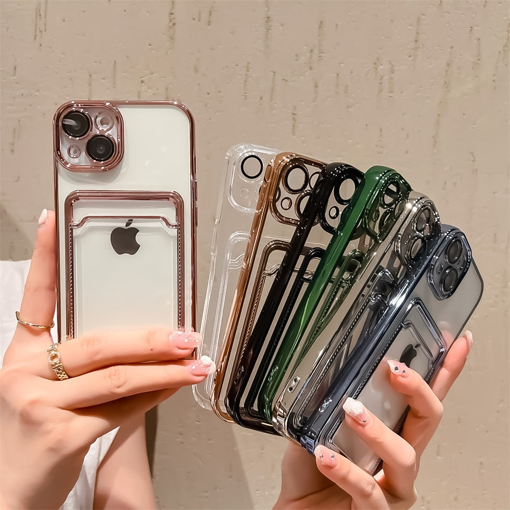 Glossy Edge Plating Transparent Card Holder Case For iPhone 11 Pro Max 12 13 Soft Back Cover