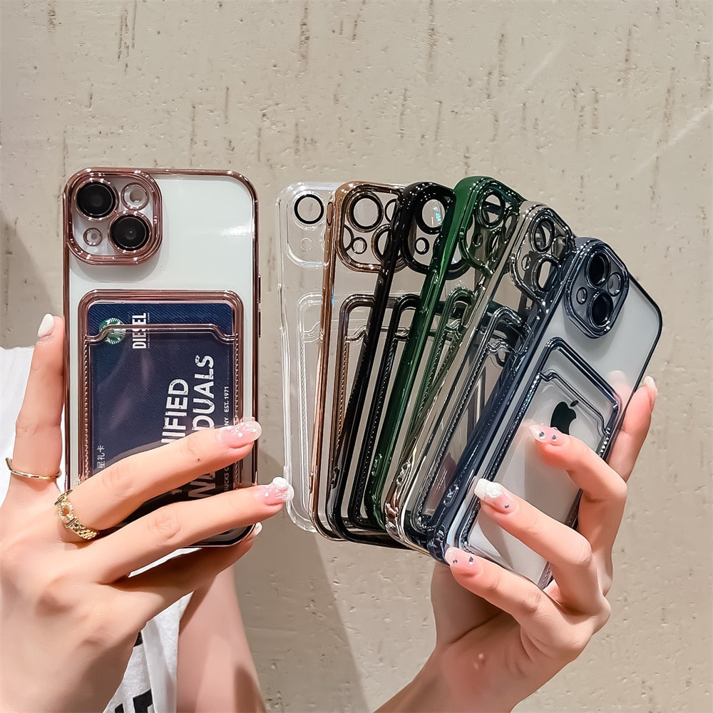 Glossy Edge Plating Transparent Card Holder Case For iPhone 11 Pro Max 12 13 Soft Back Cover