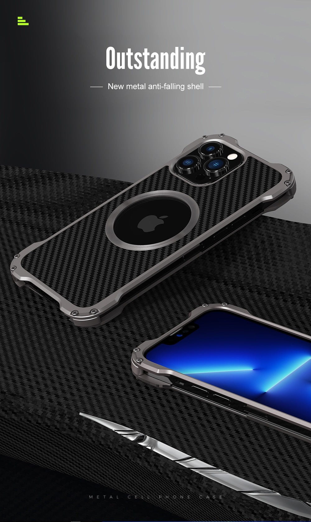 Heavy Duty Aluminium Metal Armor Case For iPhone 14 13 12 With Carbon Fiber Texture Shell
