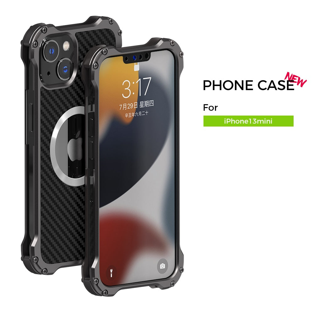 Heavy Duty Aluminium Metal Armor Case For iPhone 14 13 12 With Carbon Fiber Texture Shell