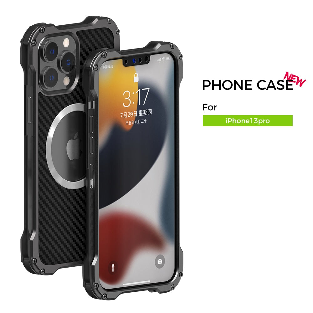 Heavy Duty Aluminium Metal Armor Case For iPhone 14 13 12 With Carbon Fiber Texture Shell
