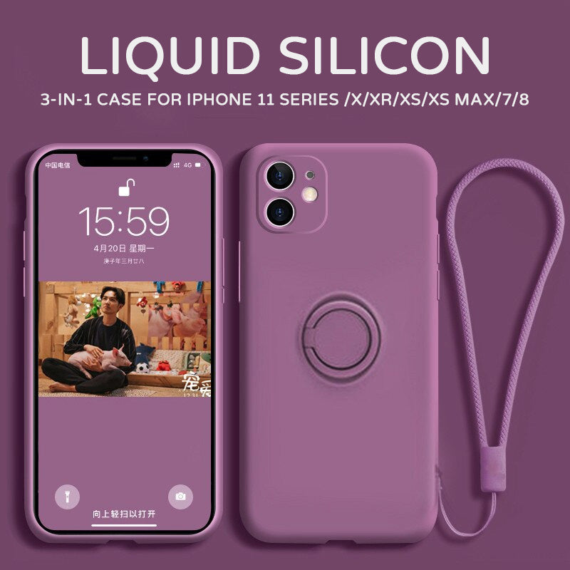 Liquid Silicone Magnetic Ring Holder Case For iPhone 11 Pro Max XR XS X 7 8 Plus Hand Strap